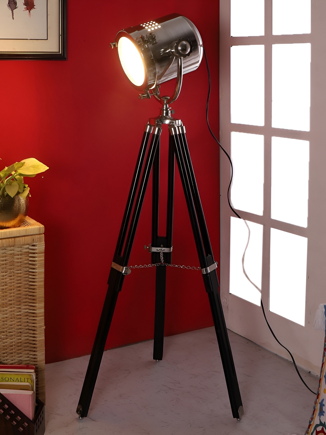 

pristine interiors Black & Silver Toned Wooden Tripod Floor Lamps