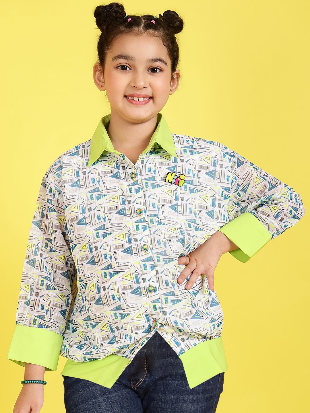 

BAESD Girls Geometric Printed Shirt Collar Top, Blue