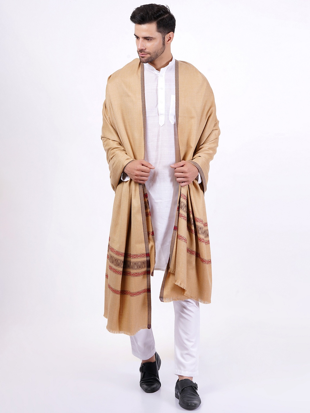 

Vrinde Geometric Woven Design Woollen Shawl, Beige