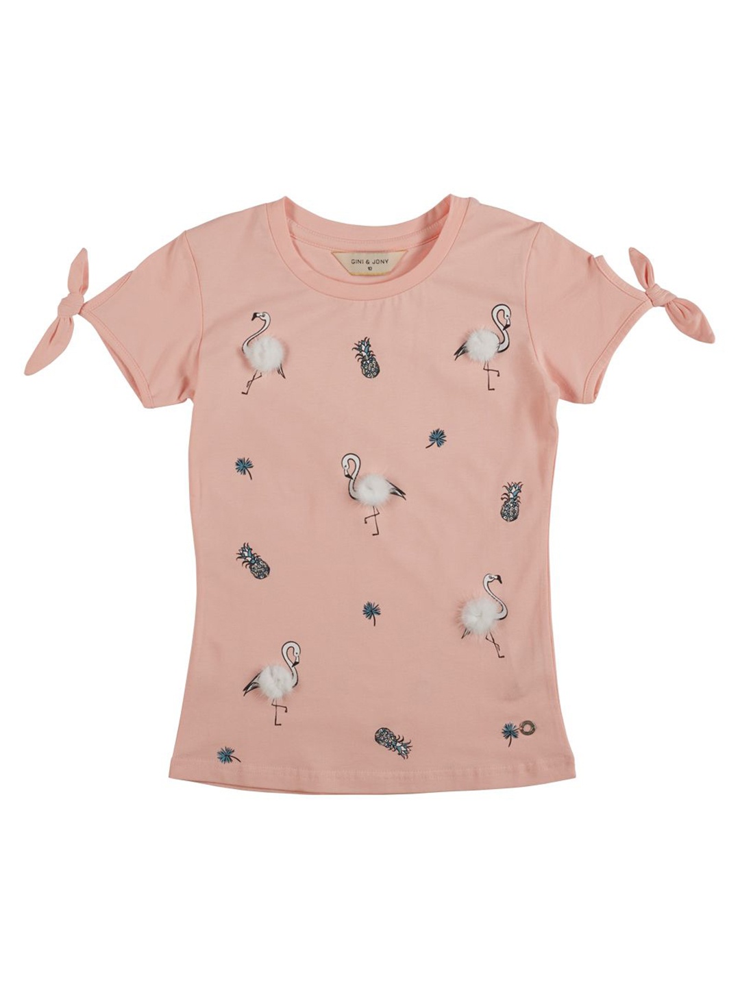 

Gini and Jony Girls Conversational Printed Round Neck Cotton Top, Peach