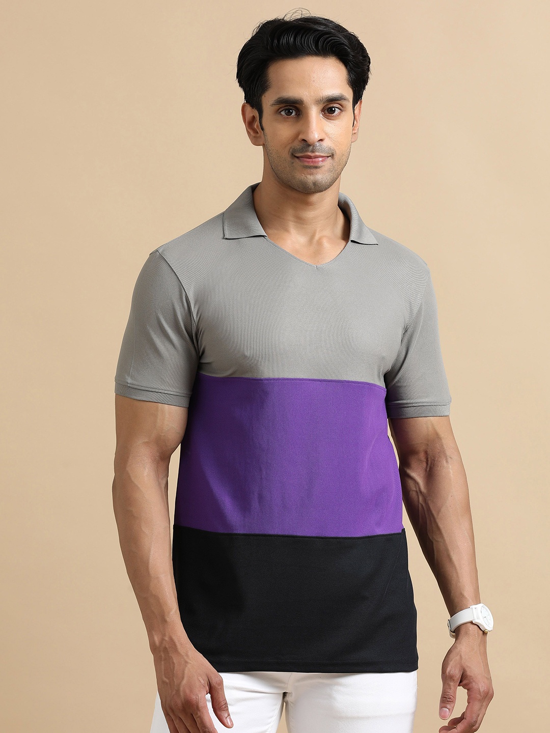 

ECOLINE Clothing Men Antimicrobial Colourblocked Polo Collar T-shirt, Grey