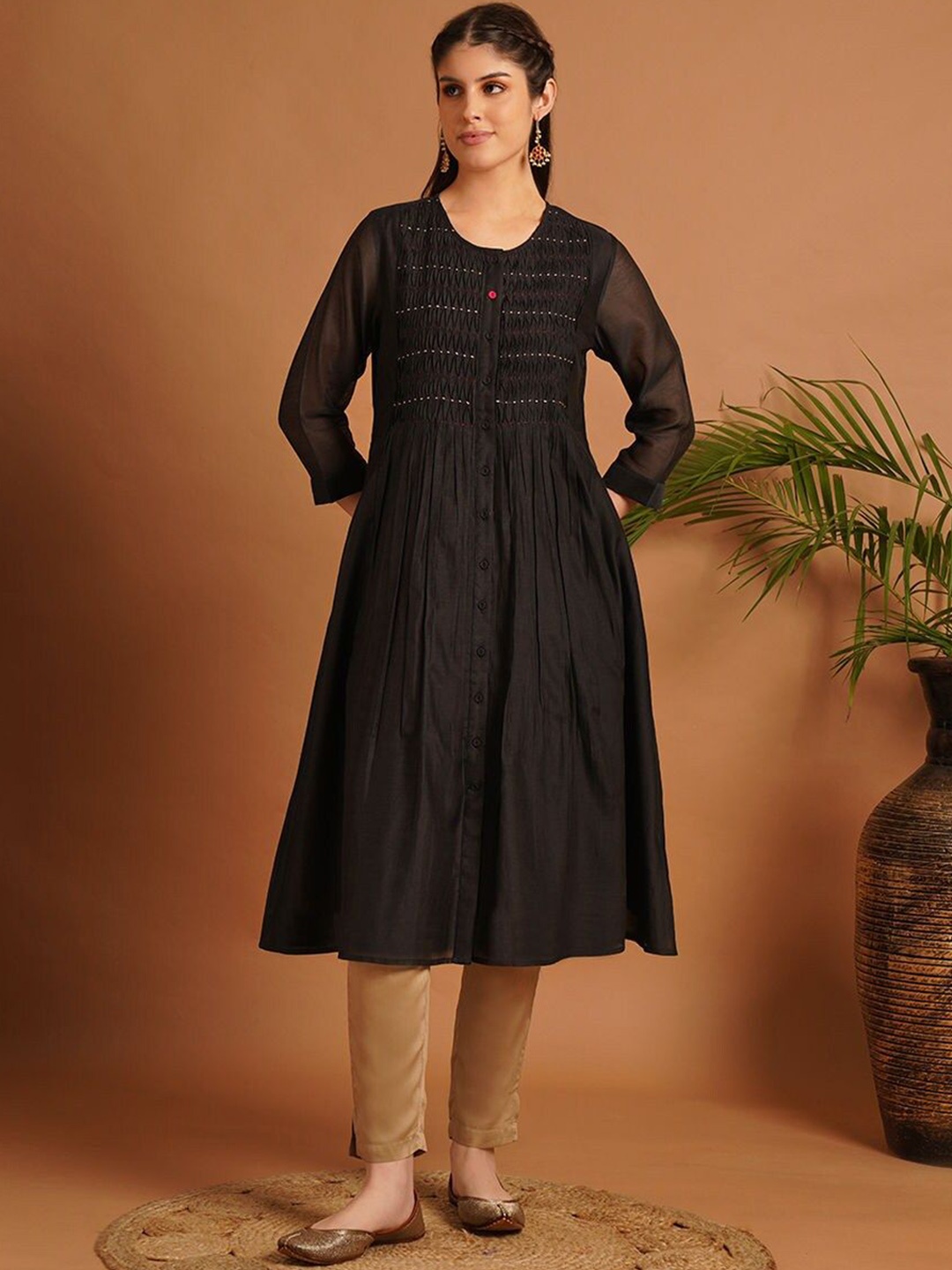 

JAYPORE Round Neck Pleated Smocked Cotton Silk A-Line Kurta, Black