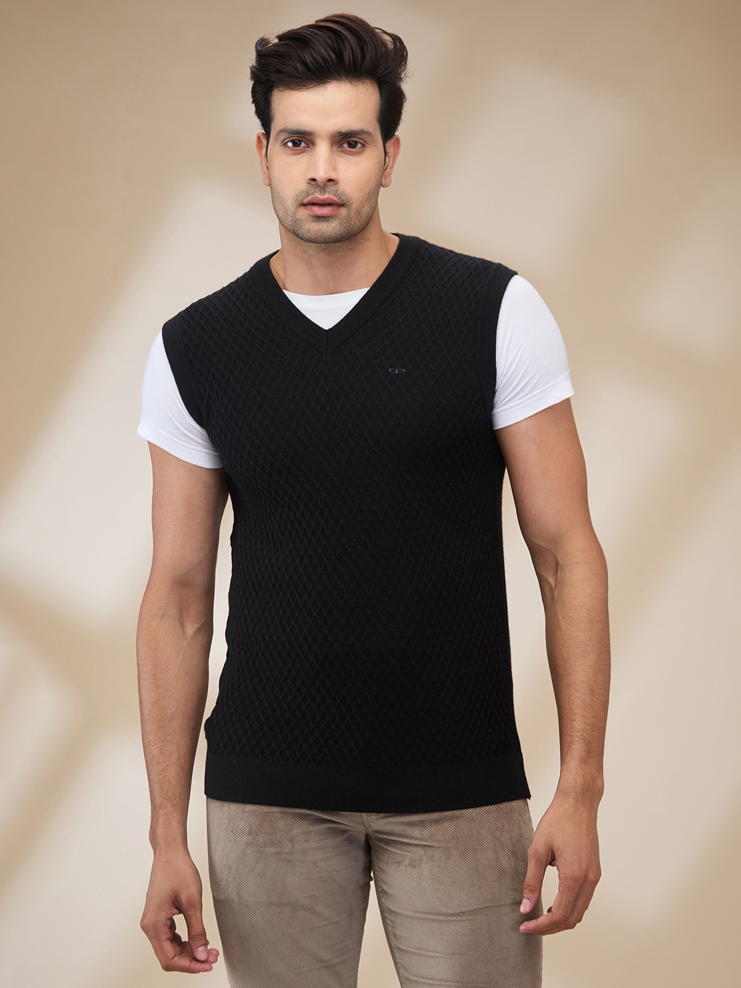 

ColorPlus Men Self Design Sleeveless Sweater Vest, Black