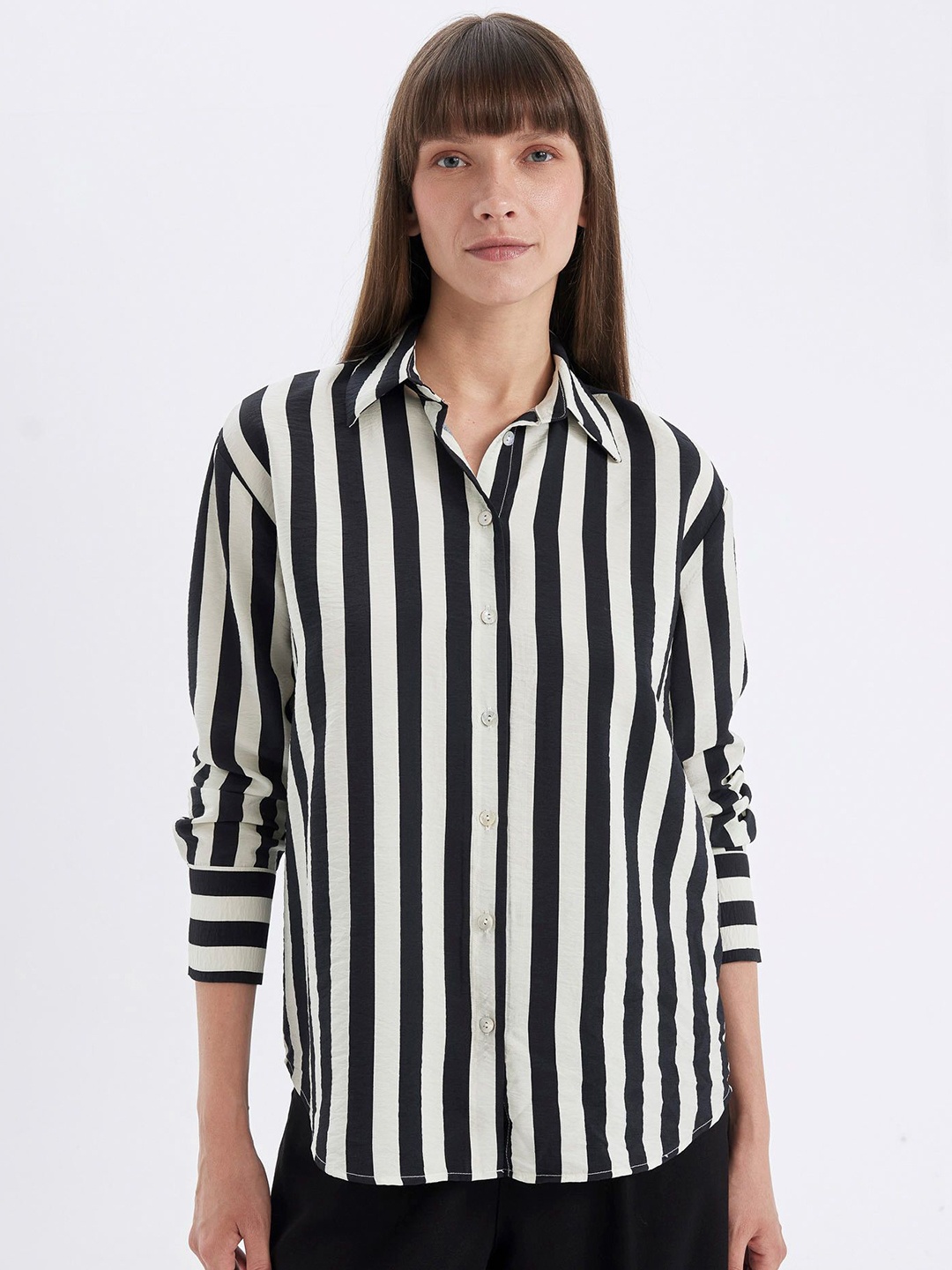 

DeFacto Women Spread Collar Vertical Striped Oversized Casual Shirt, White