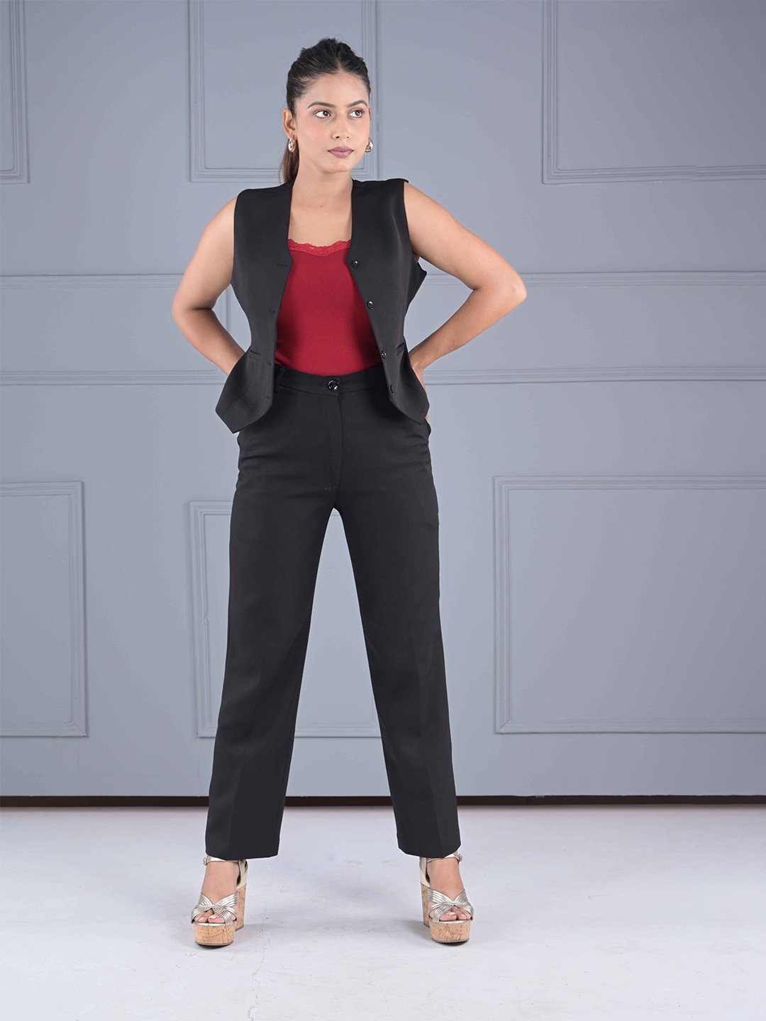 

IN ANY MANNER V-Neck Sleeveless Waistcoat & Trouser Co-Ords, Black