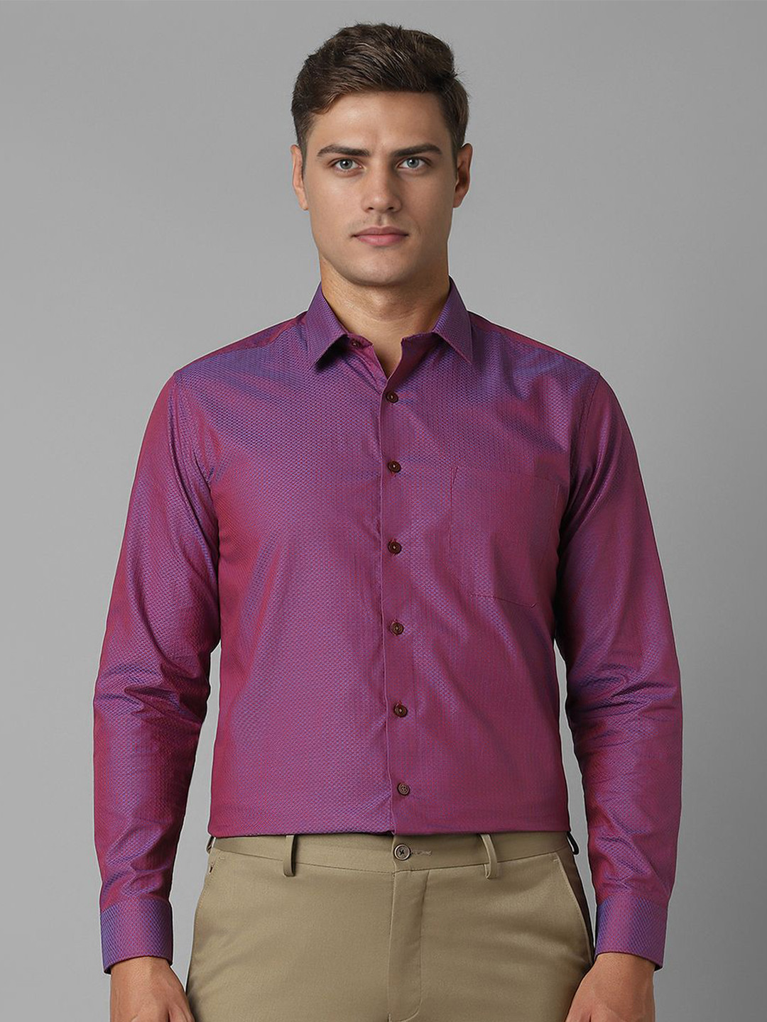 

Louis Philippe Men Spread Collar Textured Printed Cotton Slim Fit Formal Shirt, Purple
