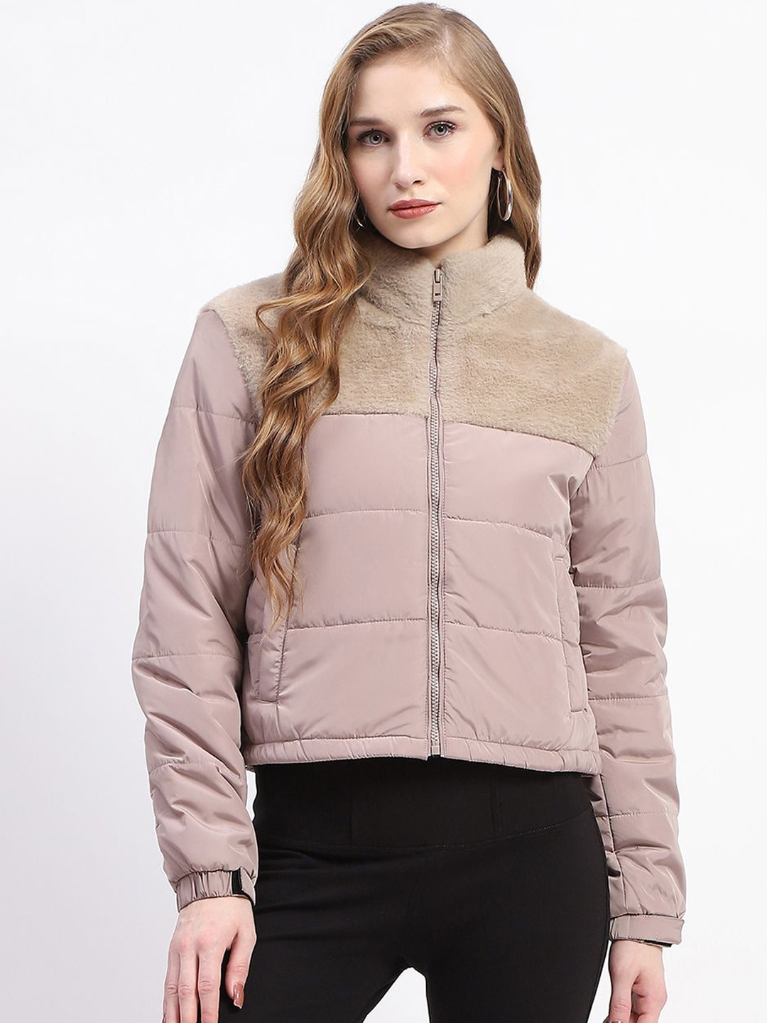 

Madame Women Colourblocked Polyester Crop Padded Jacket, Beige