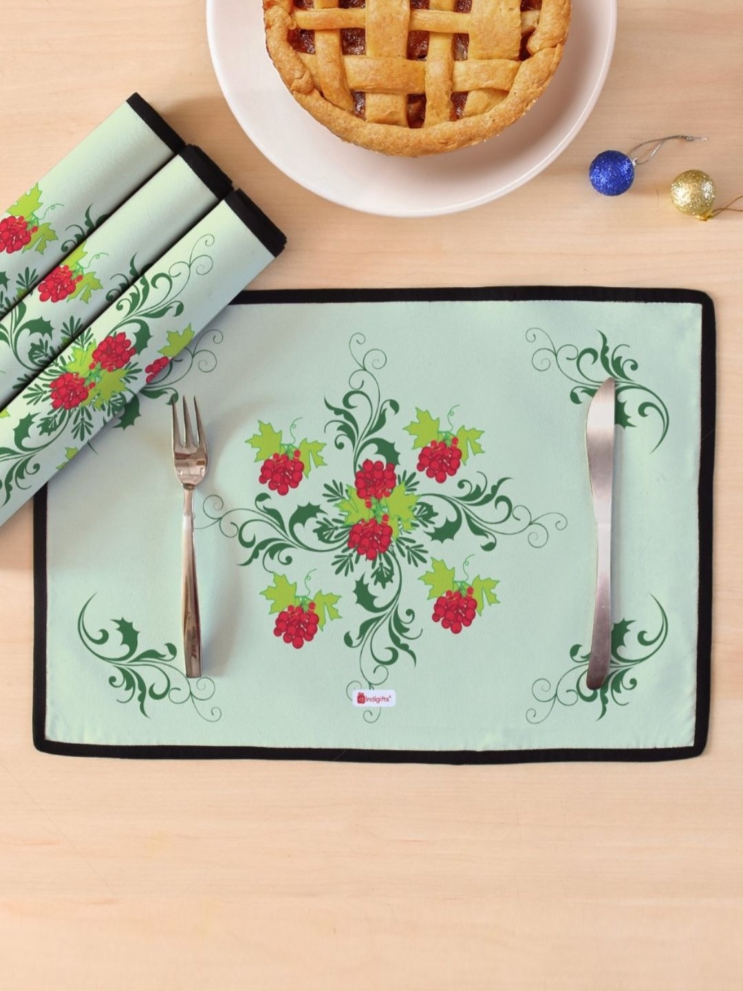 

Indigifts Green & Red 4 Pieces Floral Printed Rectangle Table Placemats