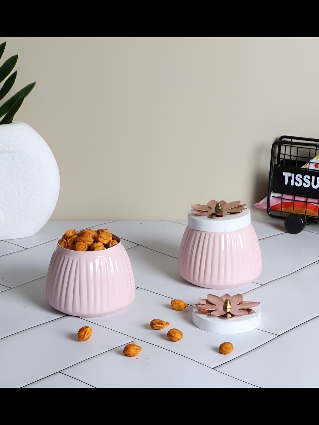 

Amaya Decors Pink &White 2 Pieces Textured Metal Containers With Lid