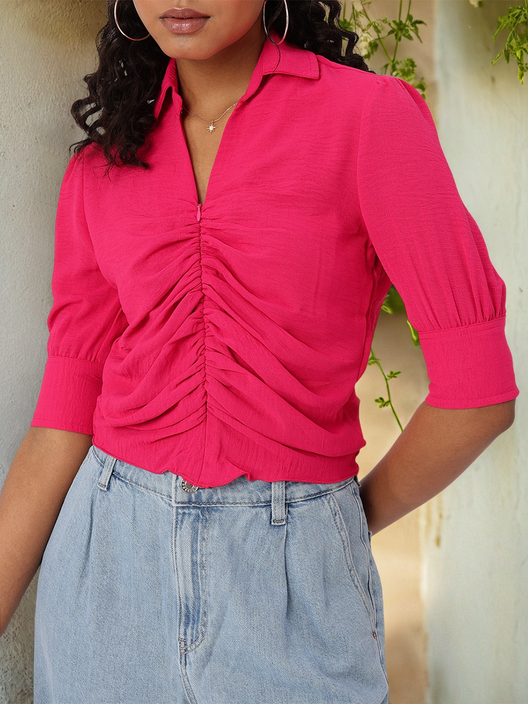 

DressBerry Pleated Perfection Shirt Style Top, Red