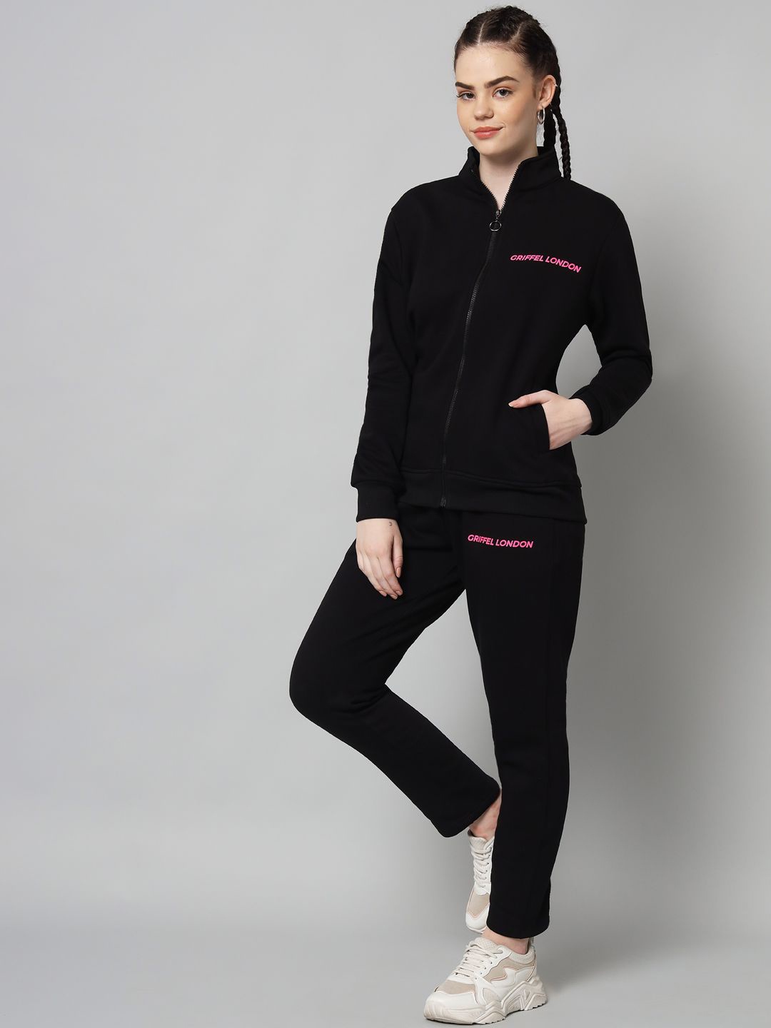 

GRIFFEL Women Mock Collar Brand Logo Printed Tracksuits, Black