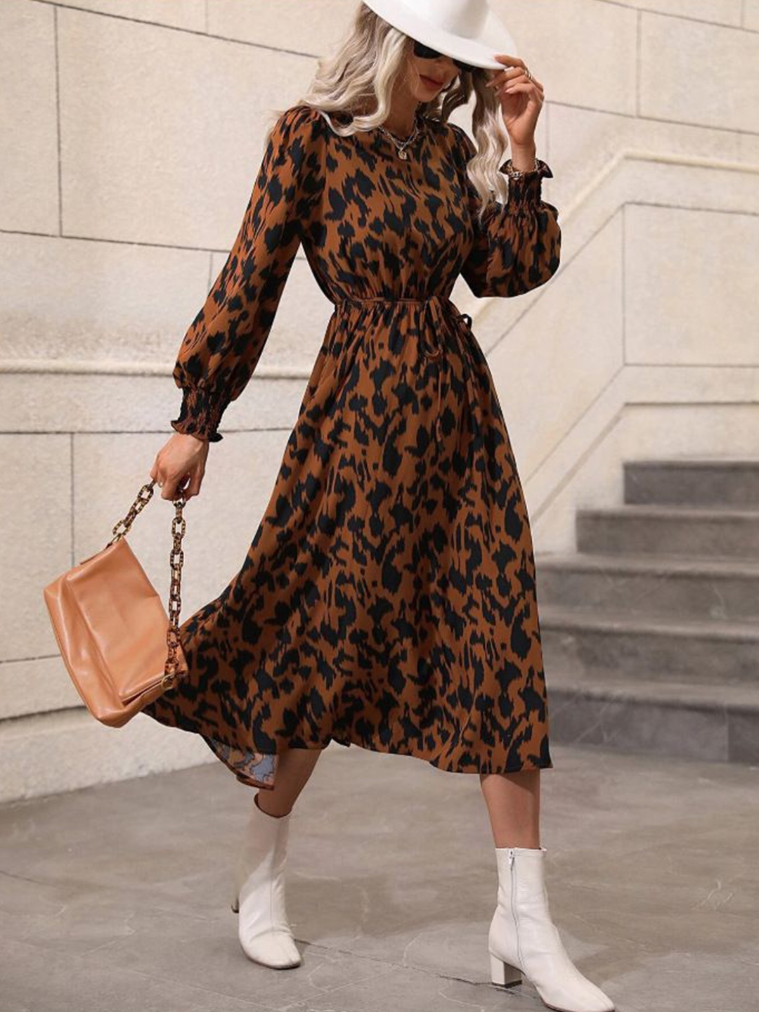 

HERE&NOW Floral Print Tie-Up Neck A-Line Midi Dress, Coffee brown