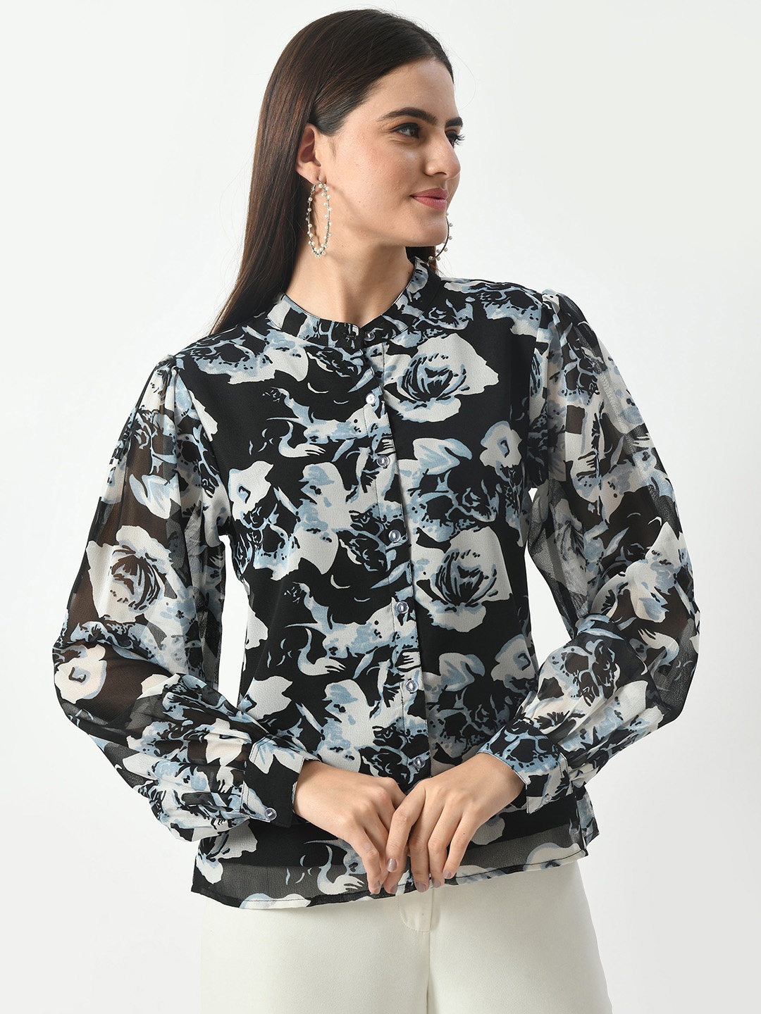 

Mast & Harbour Women Floral Printed Mandarin Collar Top, Black