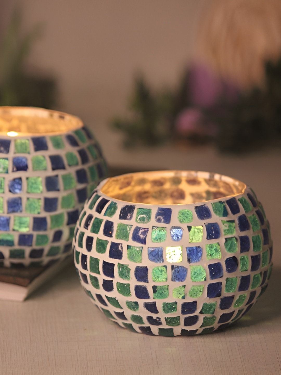 

Brahmz White & Blue 2 Pieces Ethnic Glass Mosaic Candle Holders