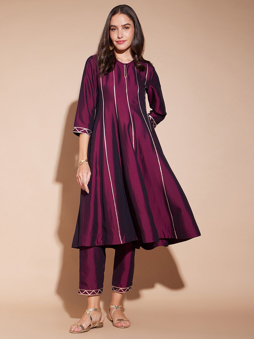 

Pink Fort Round Neck A-Line Kurta with Trousers, Purple