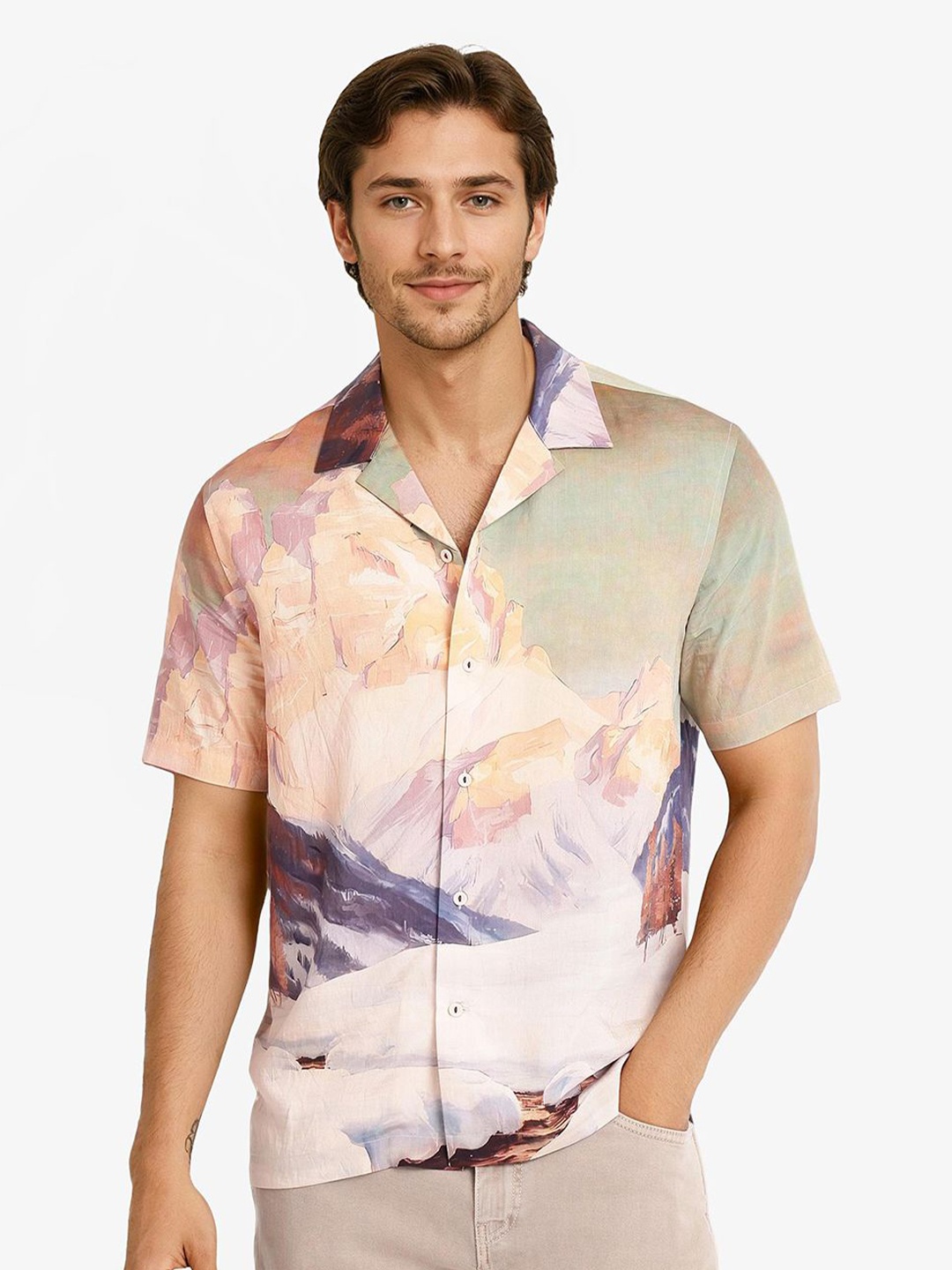 

RARE RABBIT Men Comfort Cuban Collar Abstract Printed Casual Shirt, Orange