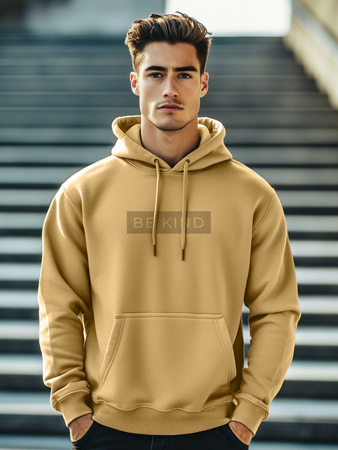 

NOBERO Men Printed Hooded Sweatshirt, Beige