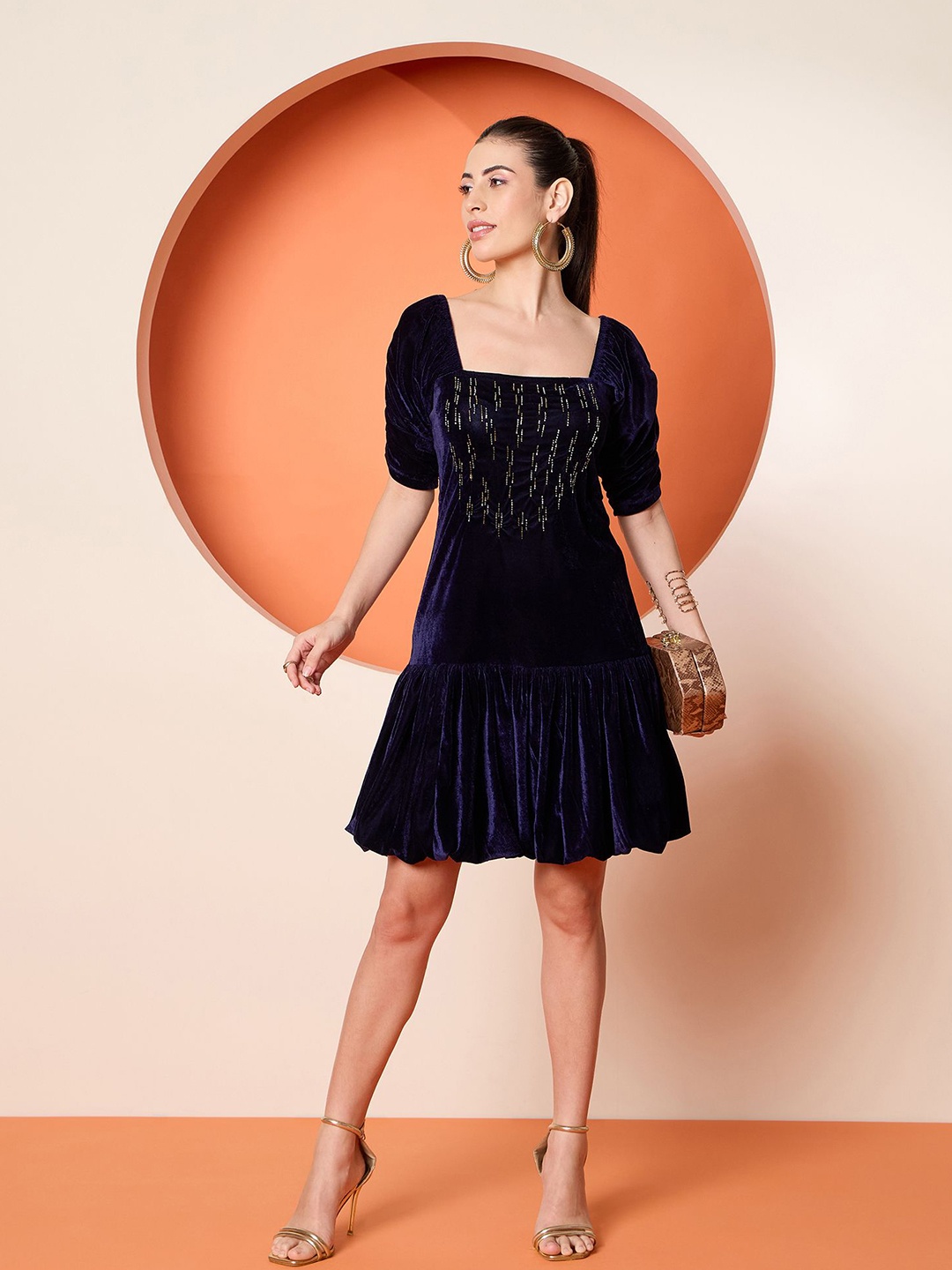 

Antheaa Women Puff Sleeves Velvet Embellished A-Line Dress, Blue