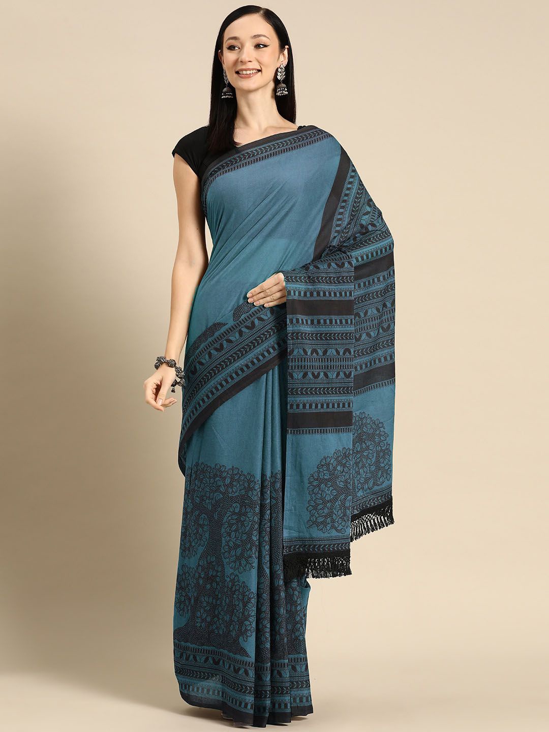 

BUTA BUTI Floral Printed Pure Cotton Saree, Blue