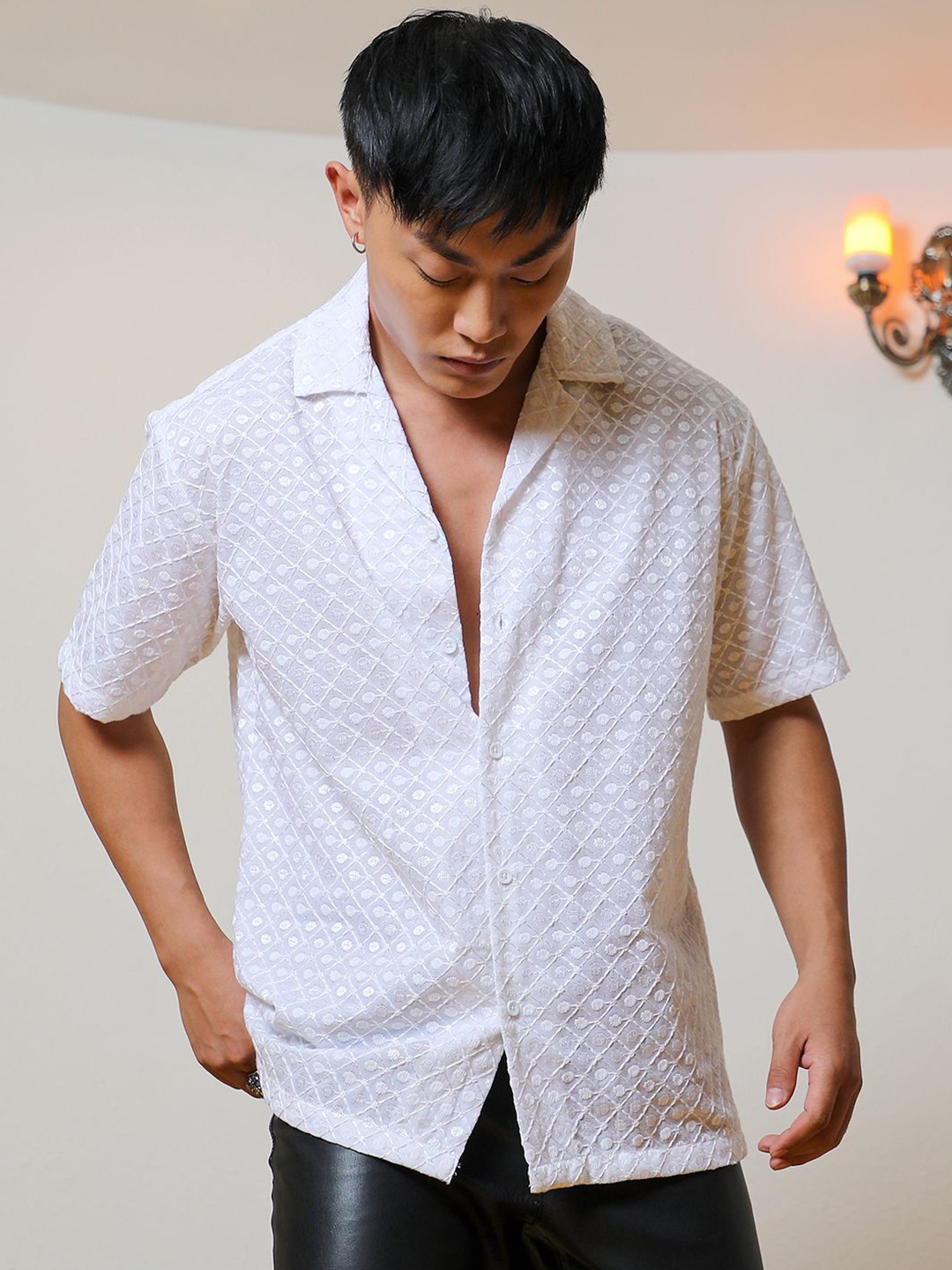 

Campus Sutra Men Classic Cuban Collar Textured Polycotton Casual Shirt, White