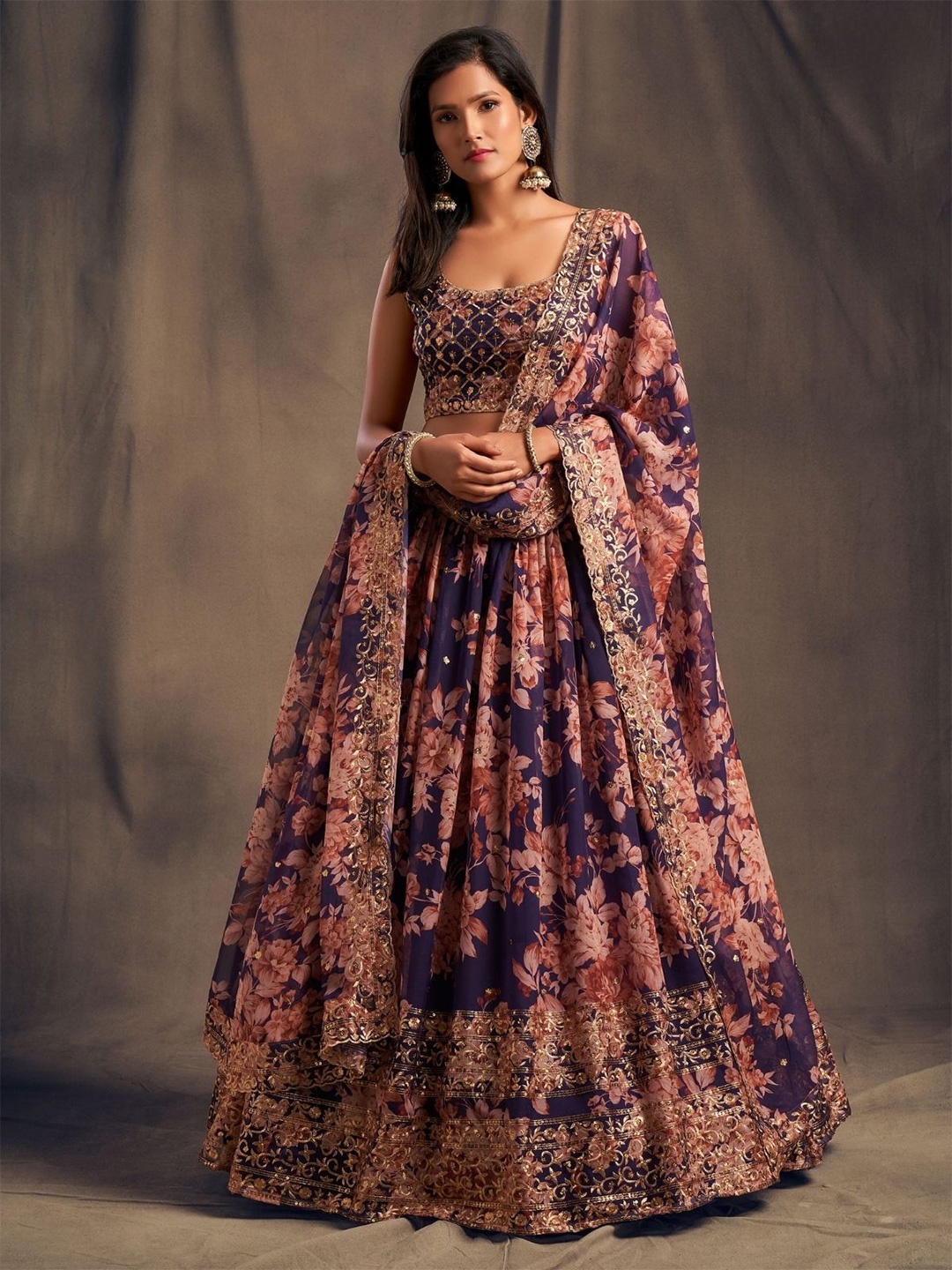 

ODETTE Printed Sequinned Semi-Stitched Lehenga & Blouse With Dupatta, Purple