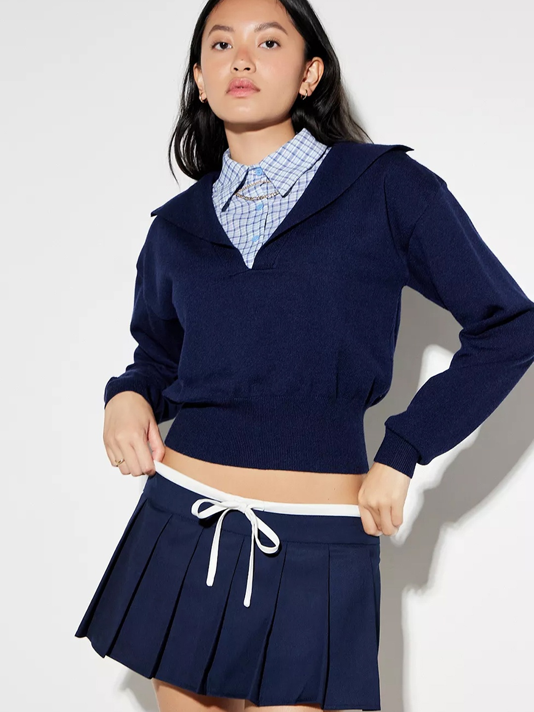 

LULU & SKY Women Solid Lapel Collar Top, Navy blue