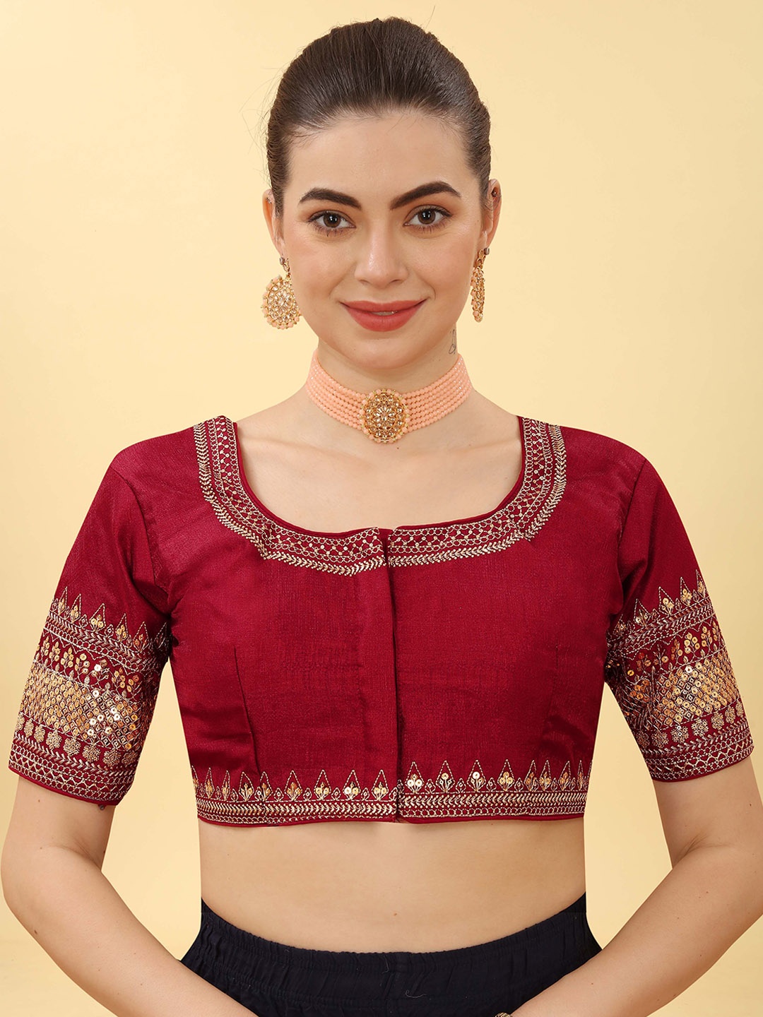

Krimmple Embroidered Non-Padded Saree Blouse, Maroon