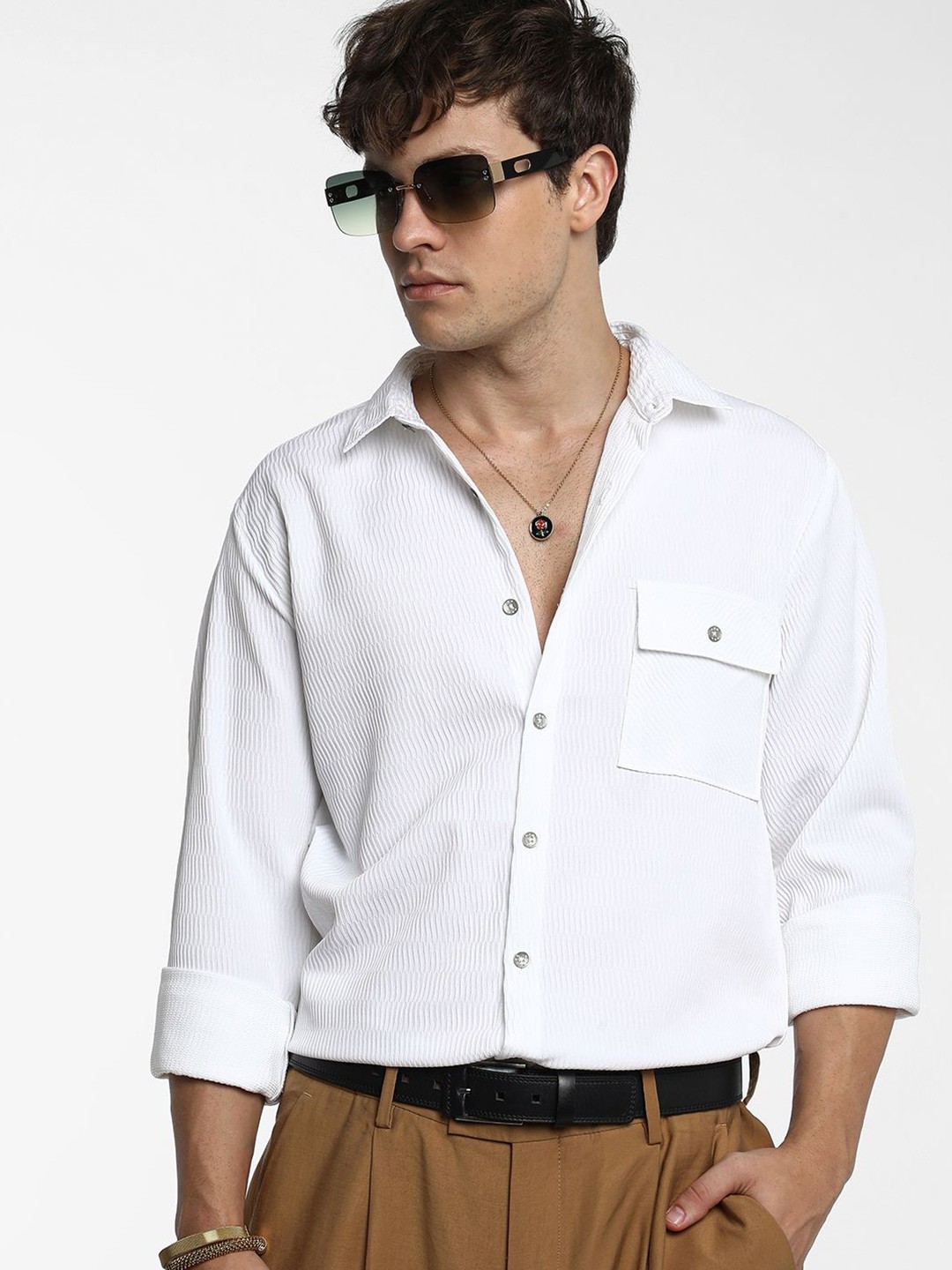 

Campus Sutra Men Comfort Spread Collar Textured Casual Shirt, White