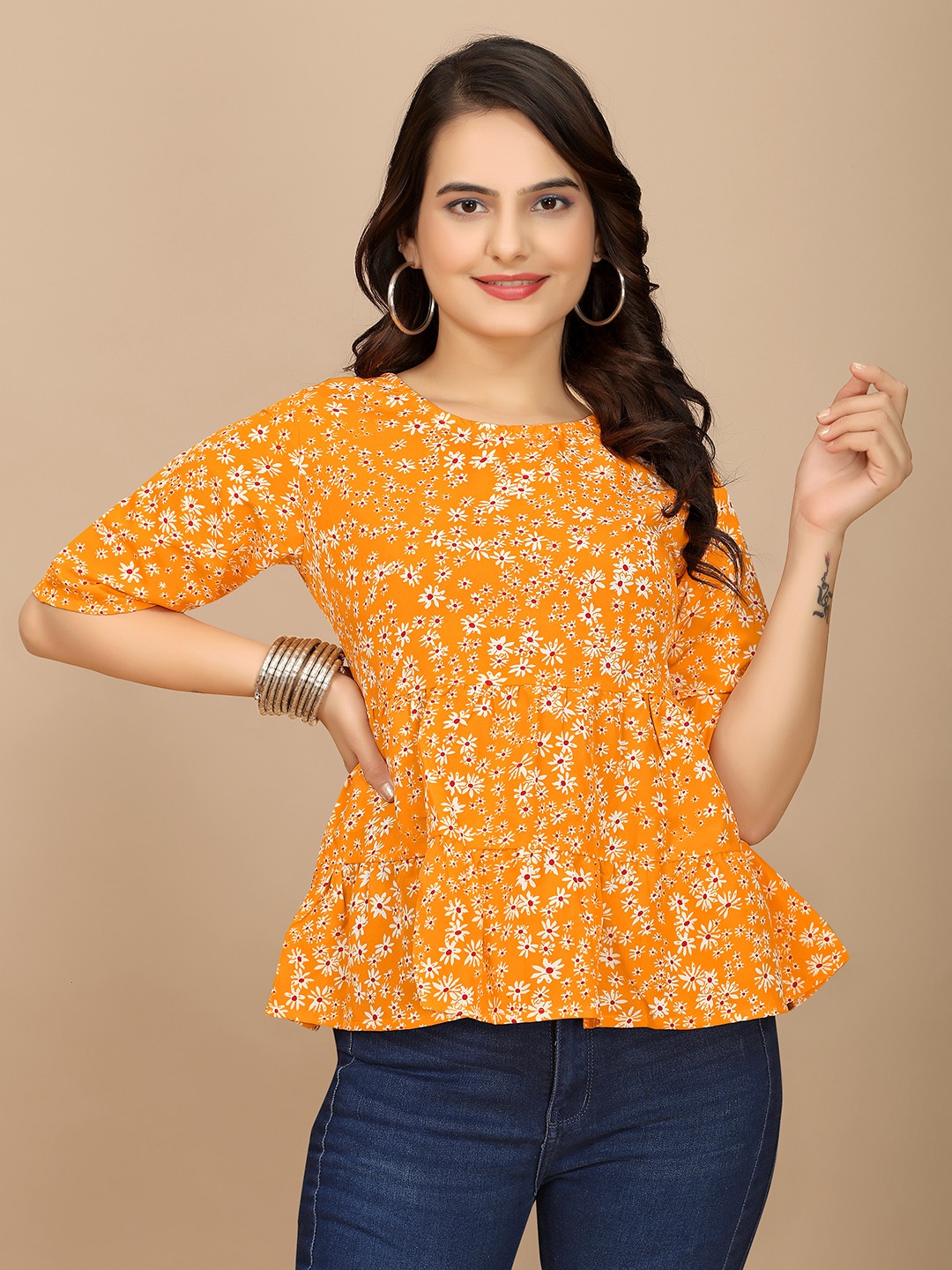 

BAESD Women Floral Printed Round Neck Top, Orange