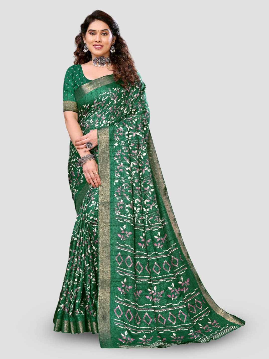 

saretramall Floral Zari Printed Maheshwari Saree With Blouse Piece, Green