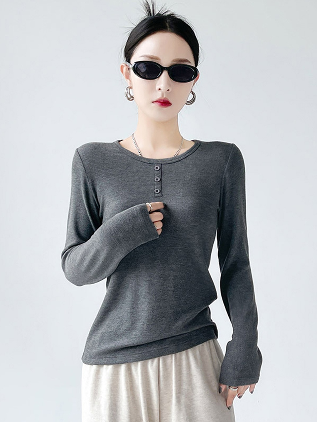 

LULU & SKY Women Solid Round Neck Top, Grey