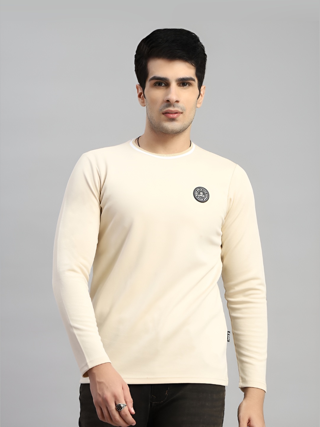 

rock.it Men Solid Round Neck Cotton T-shirt, Cream