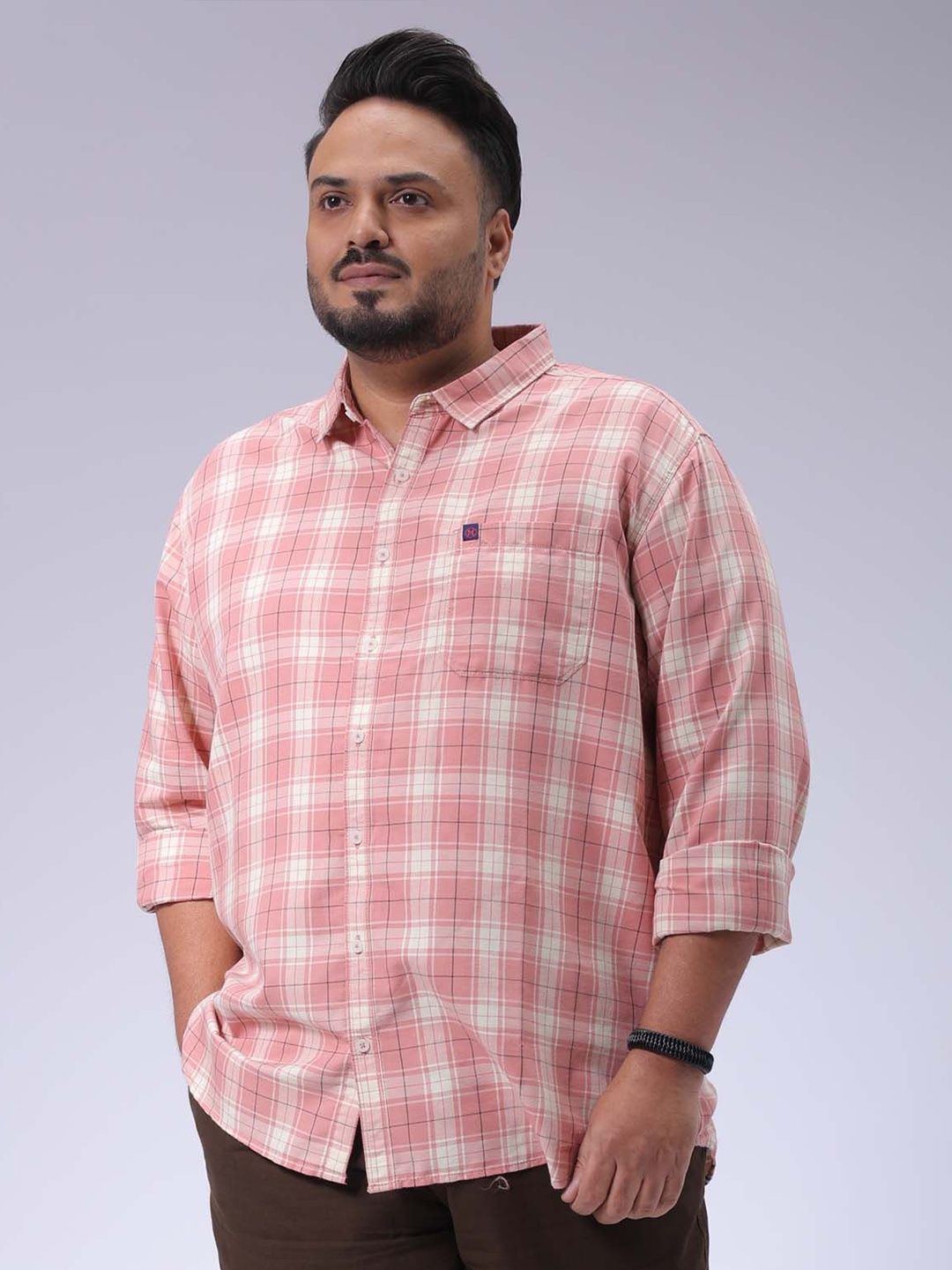 

Hardsoda by The Indian Garage Co Men Spread Collar Tartan Checked Cotton Casual Shirt, Coral