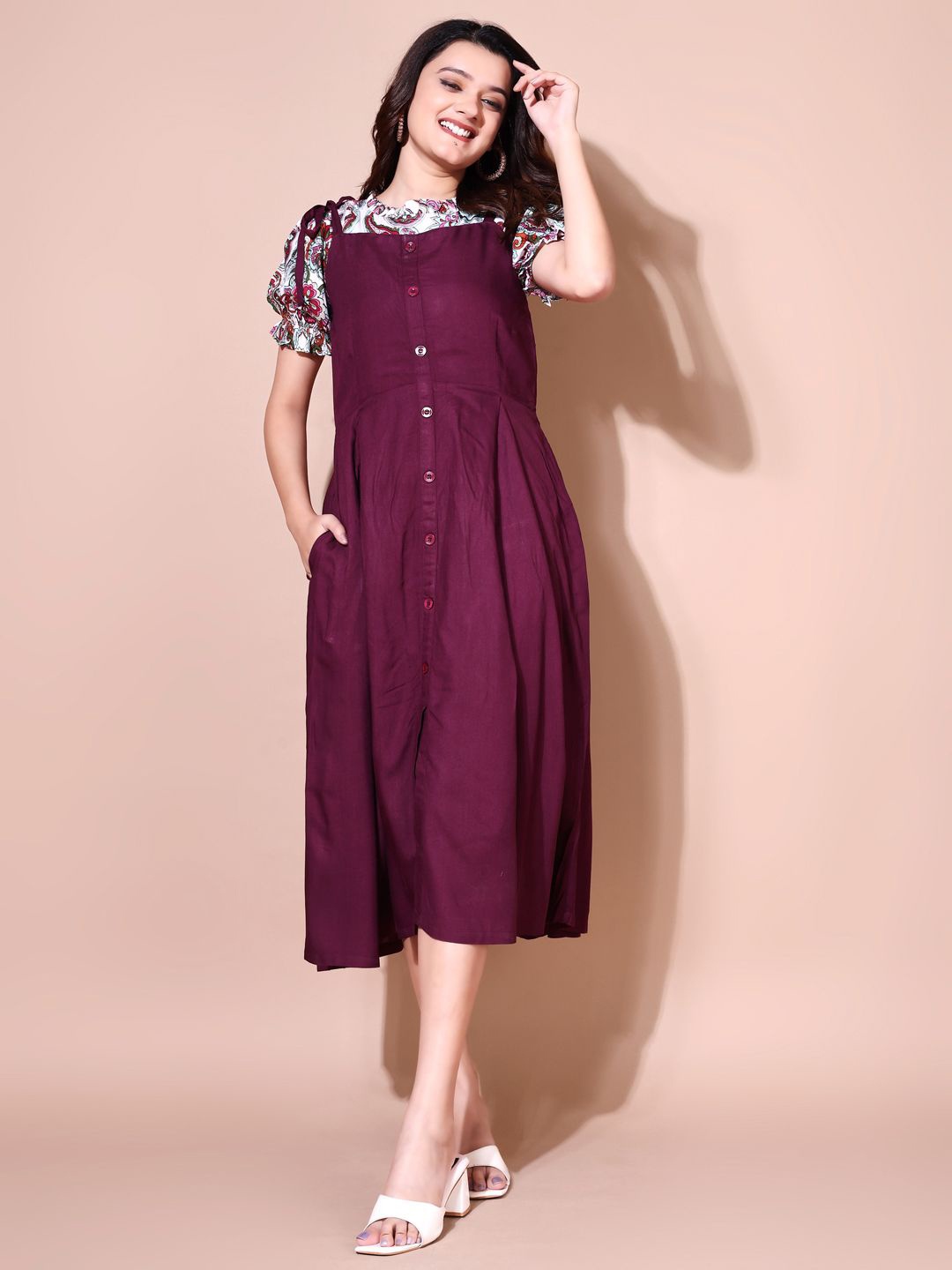 

SHINISHA Floral Printed Puff Sleeve A-Line Midi Dress, Magenta