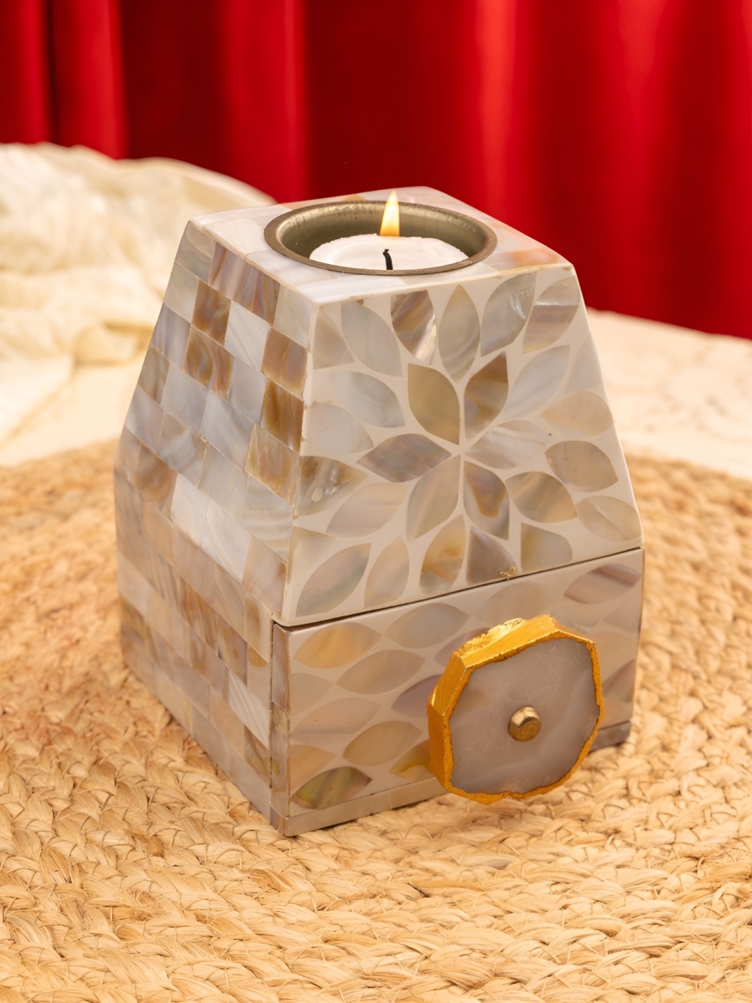 

HOMEARTE Off White Tealight With Small Drawer Stoneware Candle Holder