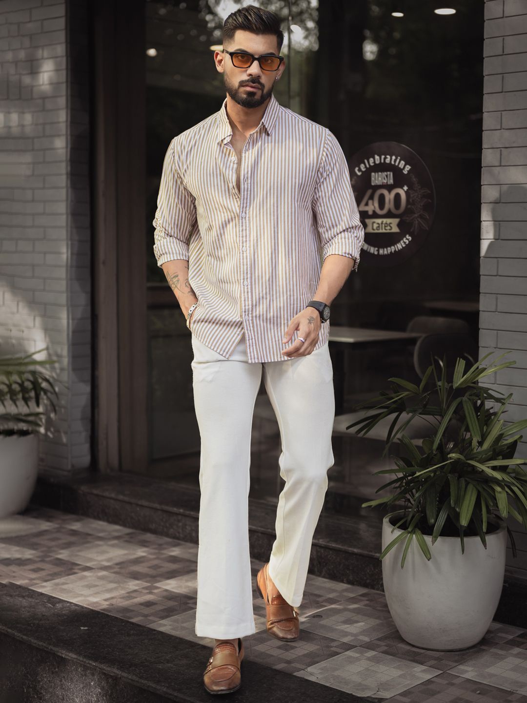 

Powerlook Men Spread Collar Vertical Striped Cotton Casual Shirt, Beige