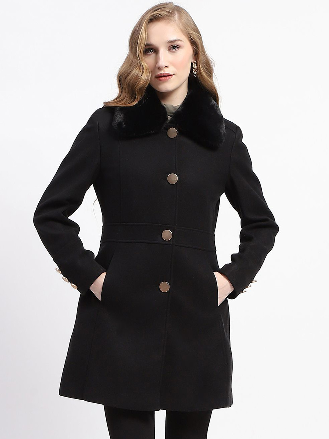 

Madame Women Spread Collar Single-Breasted Overcoat, Black