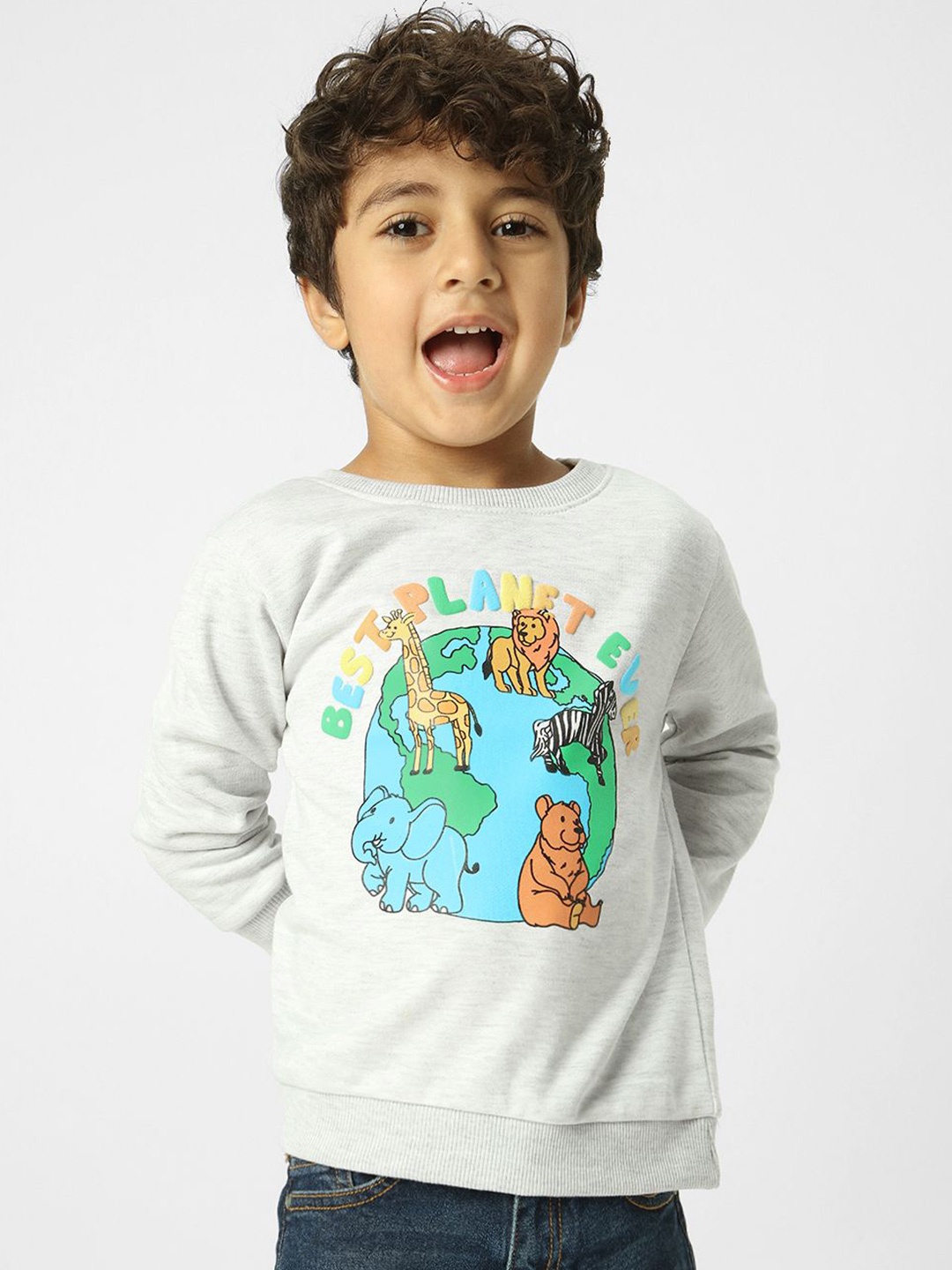 

Nauti Nati Boys Playful Printed Round Neck Antimicrobial Pullover Sweatshirt, Grey melange