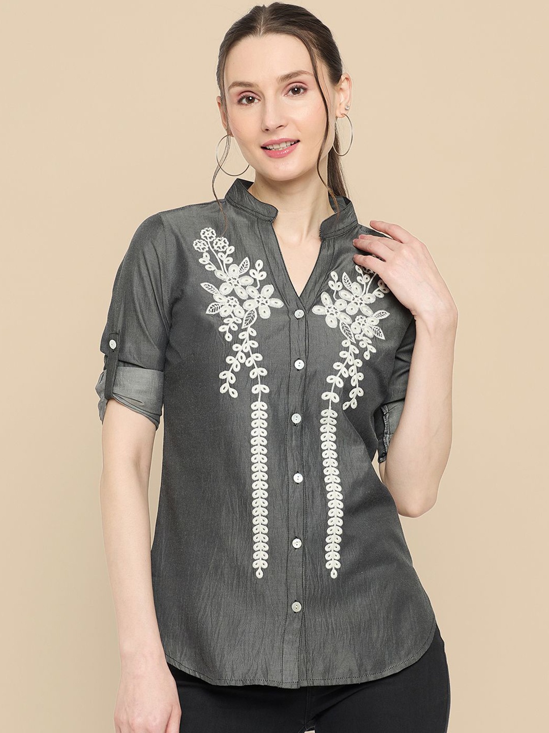 

all about you Women Classic Mandarin Collar Solid Denim Casual Shirt, Black