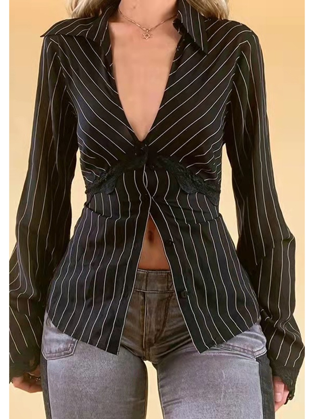 

LULU & SKY Women Vertical Striped Shirt Collar Top, Black