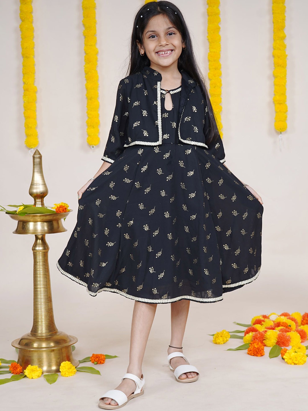 

KiddoPanti Girls Floral Printed Anarkali Midi Ethnic Dress With Attached Jacket, Black