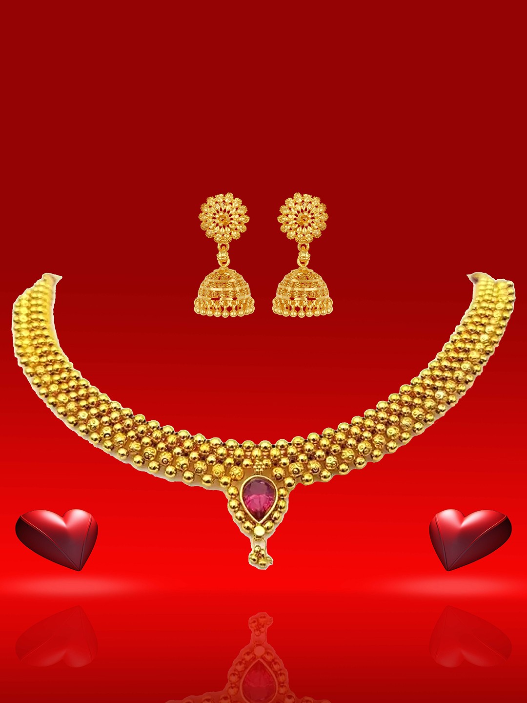 

Heer Collection Gold Plated Artificial Stones Studded Thushi Choker Necklace With Jhumkas