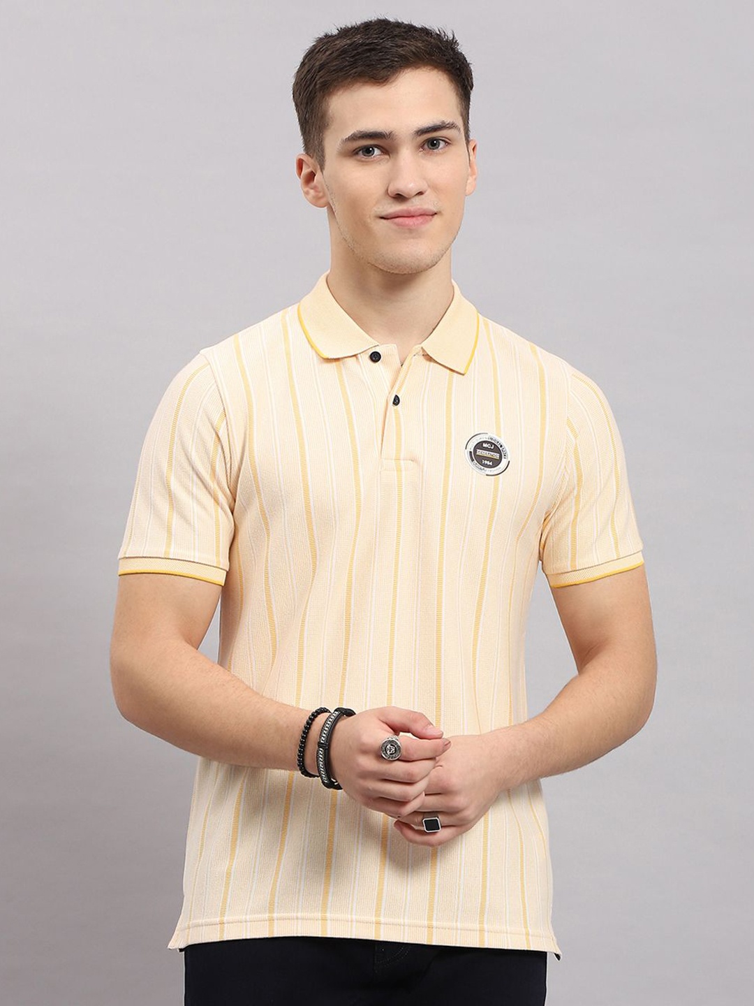 

Monte Carlo Men Striped Polo Collar Cotton T-shirt, Yellow