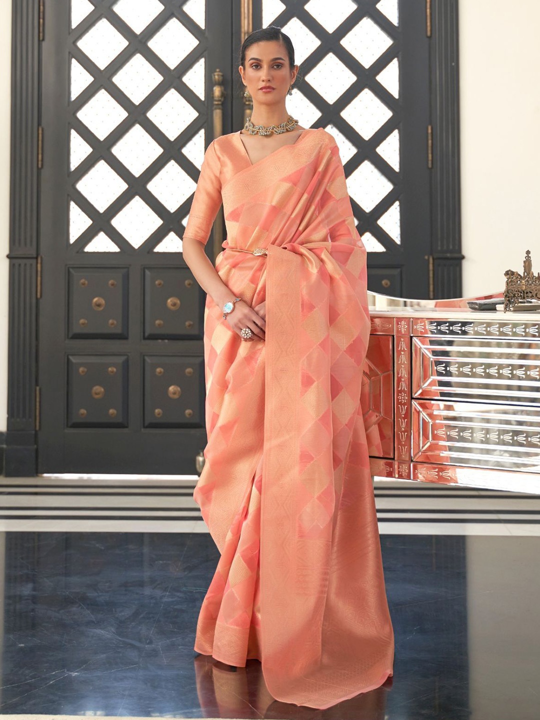 

ODETTE Woven Design Zari Saree, Orange