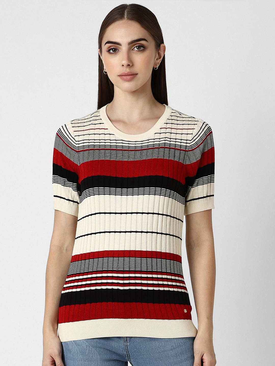 

Van Heusen Woman Horizontal Stripes Printed Round Neck Top, Cream