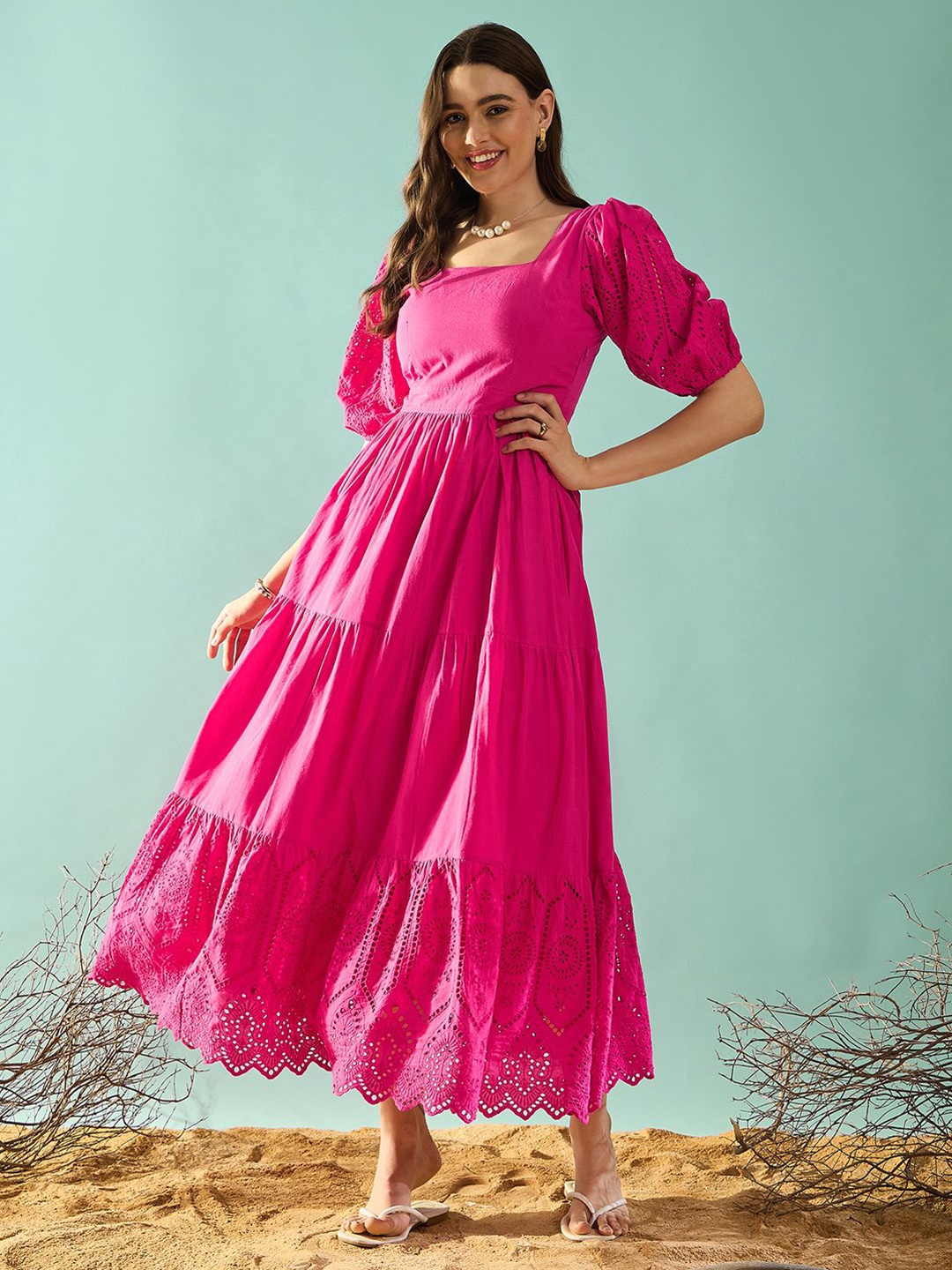 

PANIT Solid Schiffli Square Neck Puff Sleeve Maxi Dress, Magenta