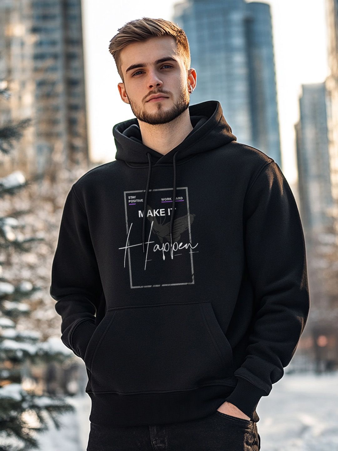 

NOBERO Men Printed Hooded Sweatshirt, Black