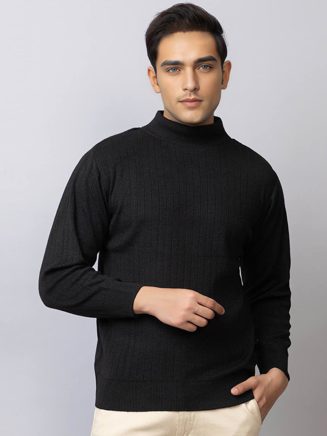 

TYSORT Men Striped Woollen Pullover, Black