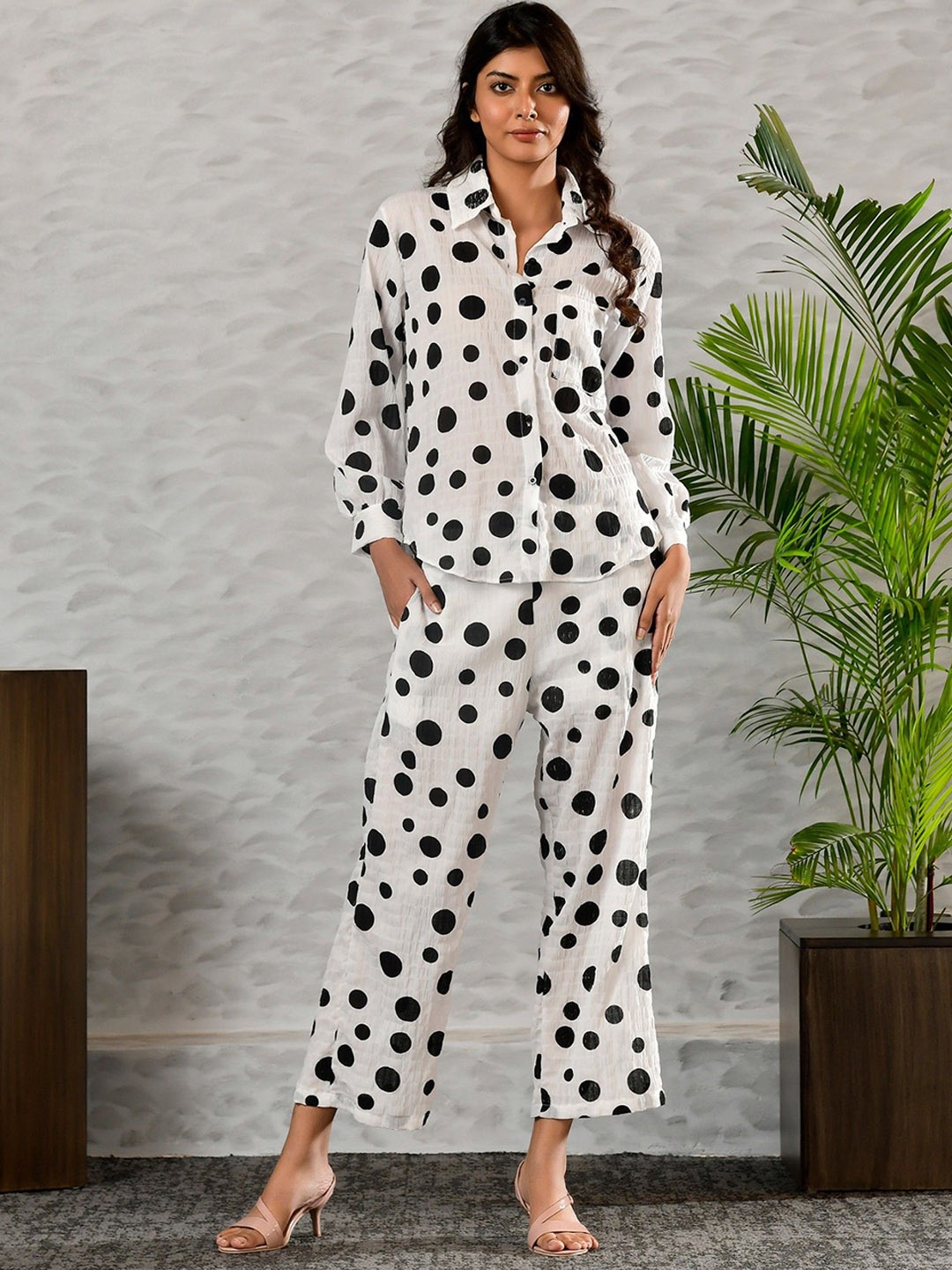 

Unityshop Women Polka Dots Shirt With Trousers Co-Ords Sets, Black