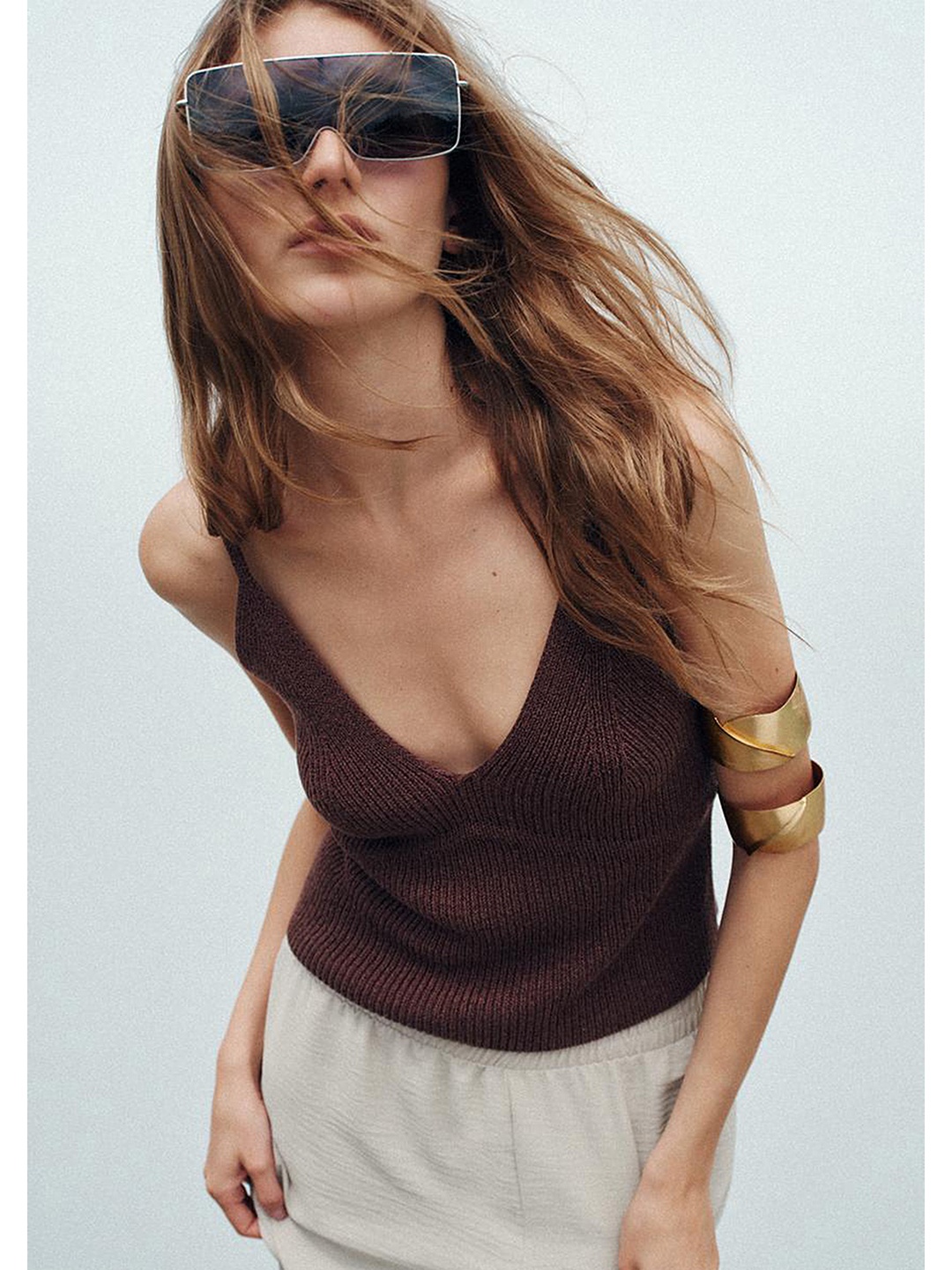 

LULU & SKY Women Solid V-Neck Top, Brown